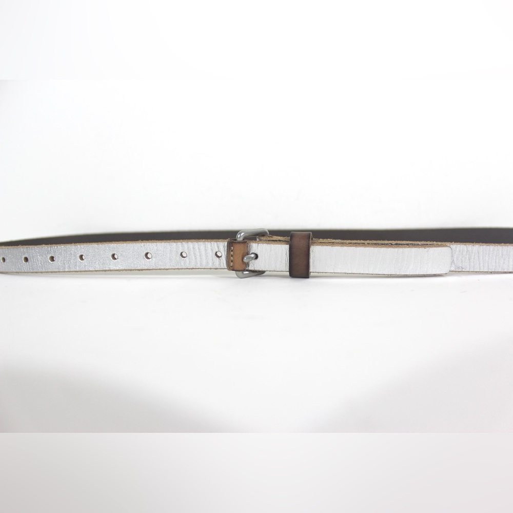 Vintage Skinny Metallic Silver Leather Belt with Brown Leather Details Silver